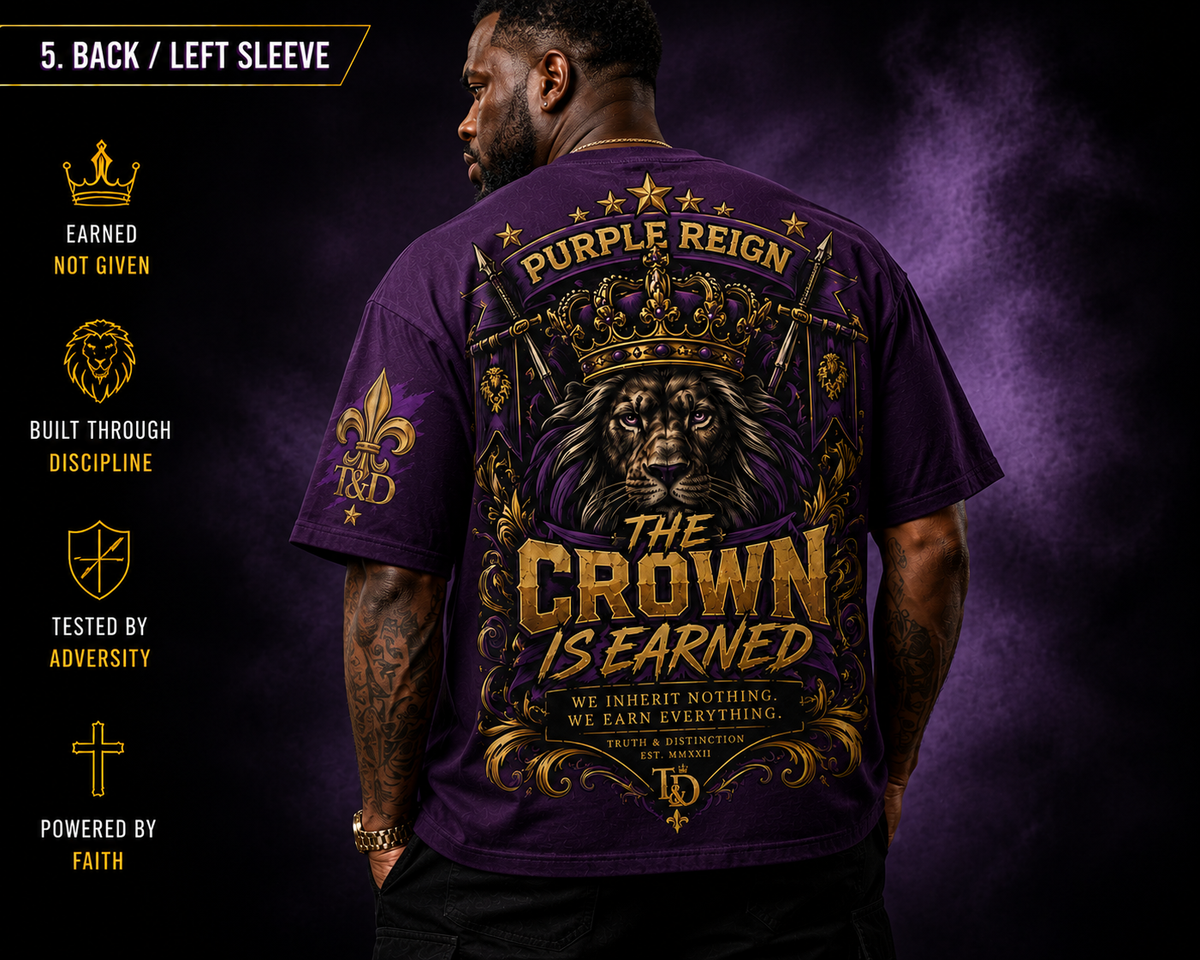 A man shown from the back wearing a purple graphic T-shirt with a large gold lion and crown design and the text 'Purple Reign' and 'The Crown Is Earned.' The image includes promotional text along the left side on a dark purple smoky background.