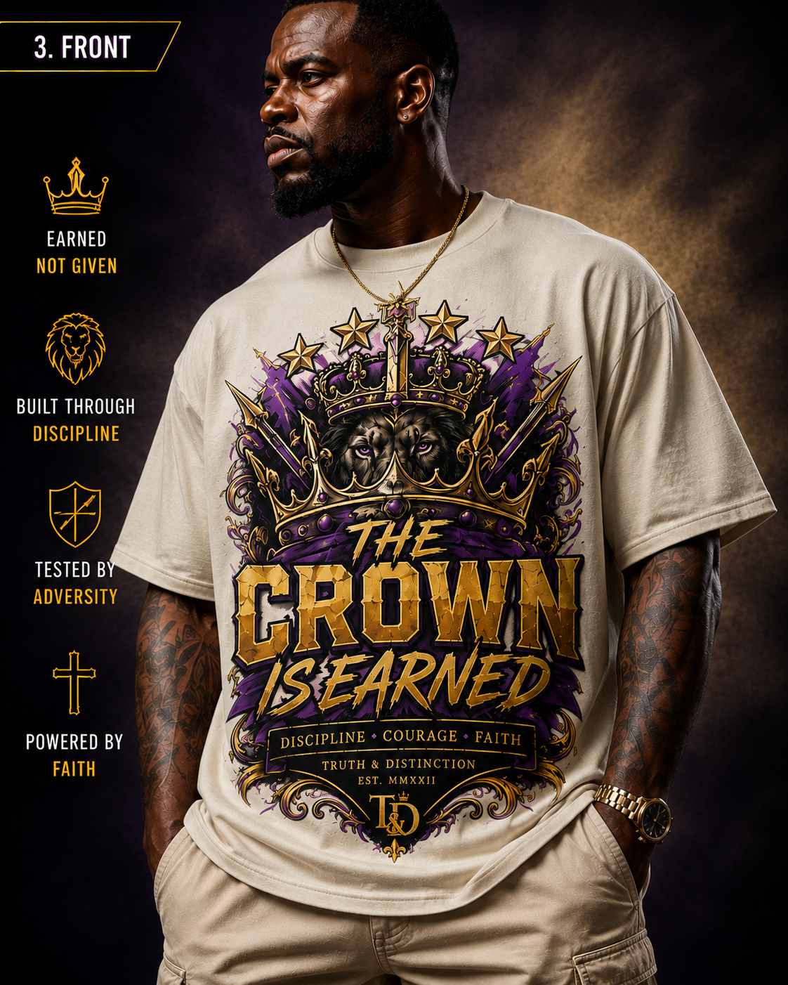 A man wearing a beige graphic t-shirt with a large gold and purple crown design and the text 'THE CROWN IS EARNED'. The image includes a dark textured background with gold text overlays on the left detailing the shirt's design elements.