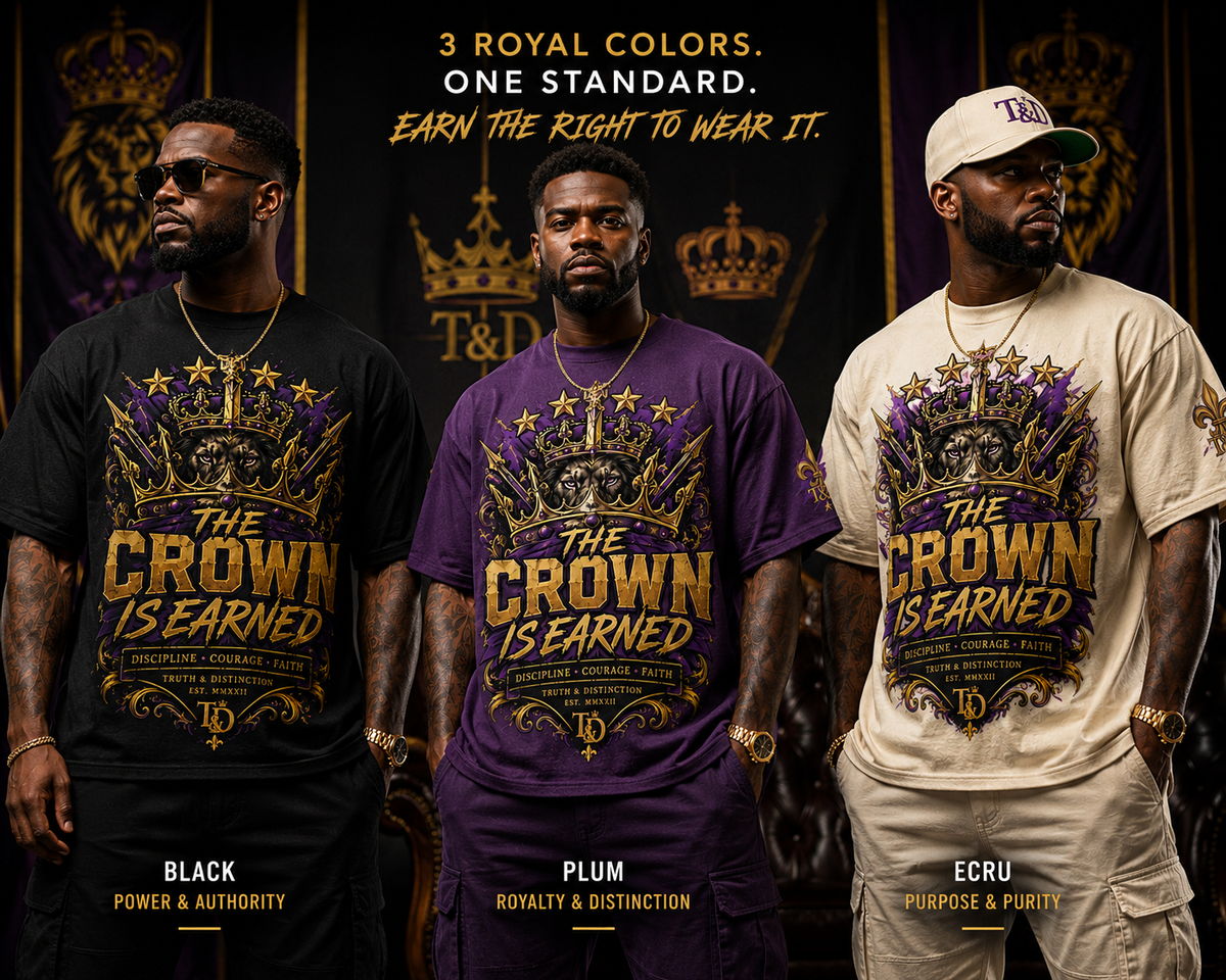 Three men modeling oversized graphic T-shirts in black, plum, and ecru, each with a matching bottom garment. The shirts feature a large gold and purple crown graphic with the text 'THE CROWN IS EARNED.