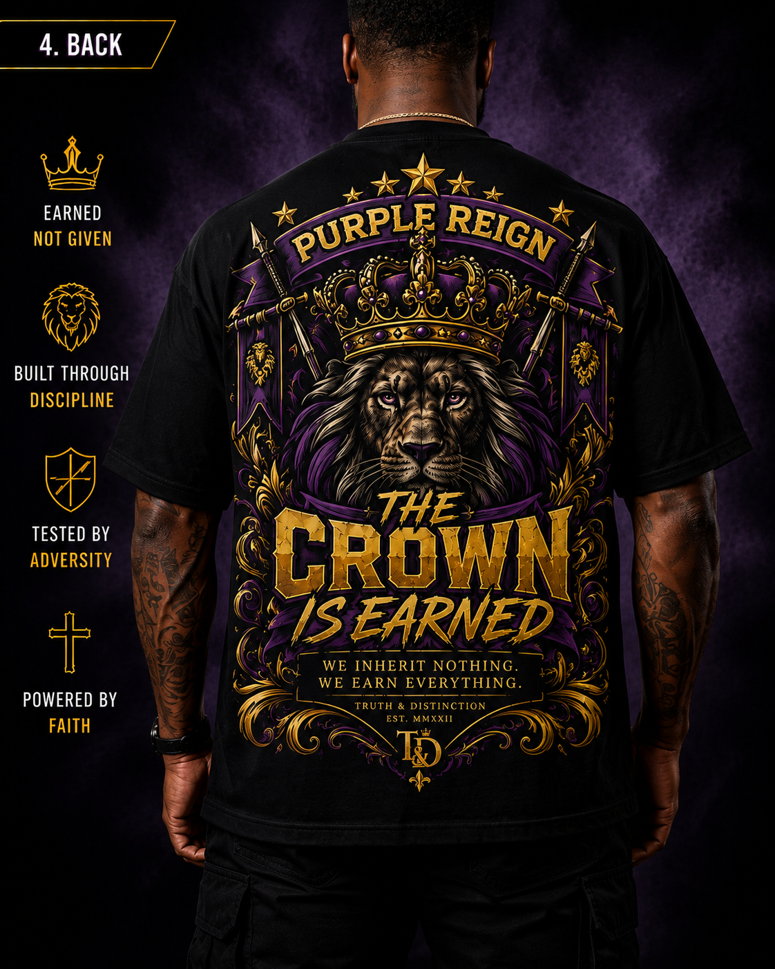 A man shown from the back wearing a black graphic T-shirt with a large purple and gold design featuring a lion, crown, and the text 'Purple Reign' and 'The Crown Is Earned.' The image includes a dark purple background with decorative text on the left side.
